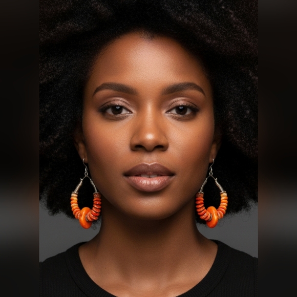 Orange Spiny Oyster Artisan Sterling Hoop Earrings Vintage - Picture 2 of 8